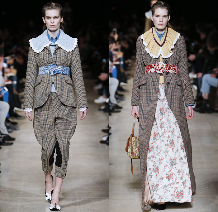 Miu Miu 2016-2017 Fall Autumn Winter Womens Runway Catwalk Collection Looks - Paris Fashion Week Mode à Paris France - Military Tweed Velvet Florentine Brocade Denim Jeans Strap Cargo Pockets Coat Trucker Jacket Long Skirt Silk Drapery Dress Gown Lace Wide Lapel Shirtdress Patches Flamingos Shorts Blouse Jacquard Flowers Floral Bedazzled Jewels Jodhpurs Riding Equestrian Pants Breeches Knit Tuxedo Vest Waistcoat Furry