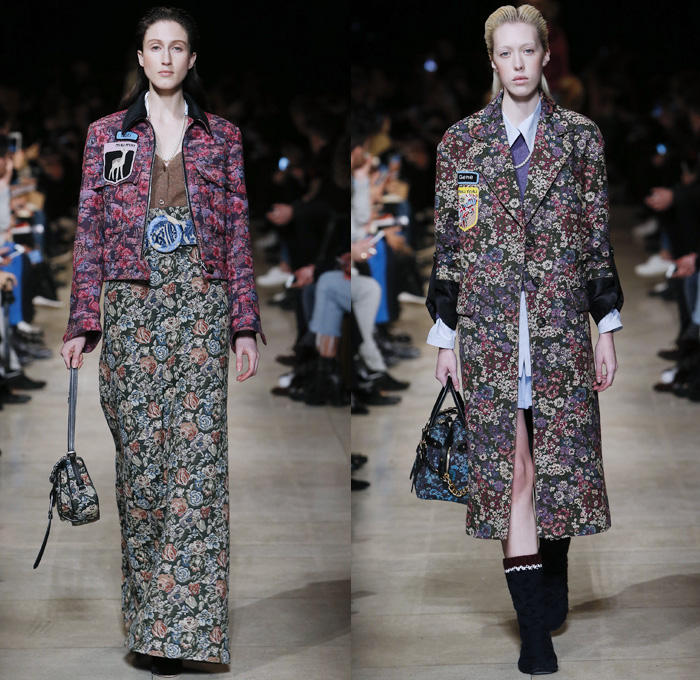 Miu Miu 2016-2017 Fall Autumn Winter Womens Runway Catwalk Collection Looks - Paris Fashion Week Mode à Paris France - Military Tweed Velvet Florentine Brocade Denim Jeans Strap Cargo Pockets Coat Trucker Jacket Long Skirt Silk Drapery Dress Gown Lace Wide Lapel Shirtdress Patches Flamingos Shorts Blouse Jacquard Flowers Floral Bedazzled Jewels Jodhpurs Riding Equestrian Pants Breeches Knit Tuxedo Vest Waistcoat Furry