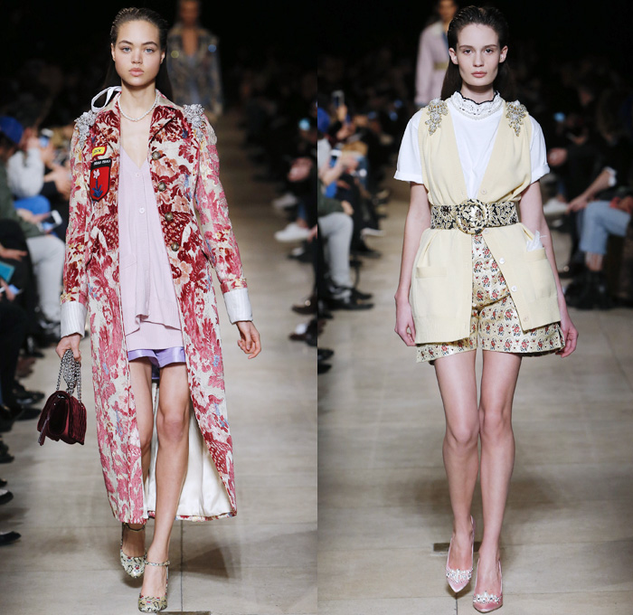 Miu Miu 2016-2017 Fall Autumn Winter Womens Runway Catwalk Collection Looks - Paris Fashion Week Mode à Paris France - Military Tweed Velvet Florentine Brocade Denim Jeans Strap Cargo Pockets Coat Trucker Jacket Long Skirt Silk Drapery Dress Gown Lace Wide Lapel Shirtdress Patches Flamingos Shorts Blouse Jacquard Flowers Floral Bedazzled Jewels Jodhpurs Riding Equestrian Pants Breeches Knit Tuxedo Vest Waistcoat Furry