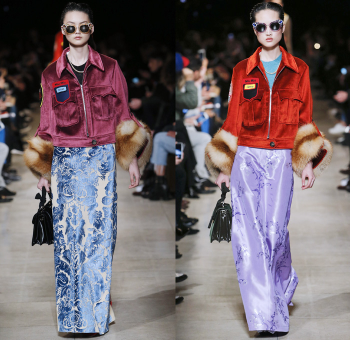 Miu Miu 2016-2017 Fall Autumn Winter Womens Runway Catwalk Collection Looks - Paris Fashion Week Mode à Paris France - Military Tweed Velvet Florentine Brocade Denim Jeans Strap Cargo Pockets Coat Trucker Jacket Long Skirt Silk Drapery Dress Gown Lace Wide Lapel Shirtdress Patches Flamingos Shorts Blouse Jacquard Flowers Floral Bedazzled Jewels Jodhpurs Riding Equestrian Pants Breeches Knit Tuxedo Vest Waistcoat Furry