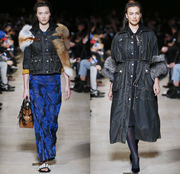 Miu Miu 2016-2017 Fall Autumn Winter Womens Runway Catwalk Collection Looks - Paris Fashion Week Mode à Paris France - Military Tweed Velvet Florentine Brocade Denim Jeans Strap Cargo Pockets Coat Trucker Jacket Long Skirt Silk Drapery Dress Gown Lace Wide Lapel Shirtdress Patches Flamingos Shorts Blouse Jacquard Flowers Floral Bedazzled Jewels Jodhpurs Riding Equestrian Pants Breeches Knit Tuxedo Vest Waistcoat Furry