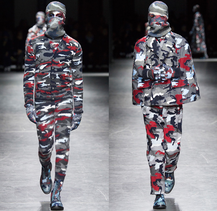 Moncler Gamme Bleu 2016-2017 Fall Autumn Winter Mens Runway Catwalk Looks Thom Browne - Milano Moda Uomo Collezione Milan Fashion Week Italy - Camo Camouflage Jungle Military Urban Cat Burglar Knit Mask Cardigan Wool Fleece Jumpsuit Coveralls Outerwear Trench Coat Furry Quilted Cloak Cape Hanging Sleeve Embroidery Bedazzled Studs Gloves Boots Suit Blazer Jacket Layers Patchwork Pinstripe Vest Herringbone Houndstooth 