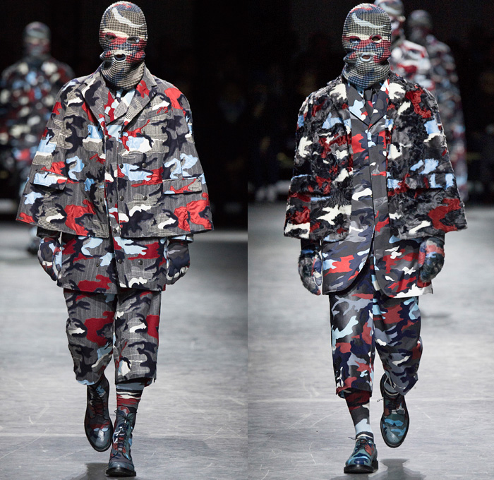 Moncler Gamme Bleu 2016-2017 Fall Autumn Winter Mens Runway Catwalk Looks Thom Browne - Milano Moda Uomo Collezione Milan Fashion Week Italy - Camo Camouflage Jungle Military Urban Cat Burglar Knit Mask Cardigan Wool Fleece Jumpsuit Coveralls Outerwear Trench Coat Furry Quilted Cloak Cape Hanging Sleeve Embroidery Bedazzled Studs Gloves Boots Suit Blazer Jacket Layers Patchwork Pinstripe Vest Herringbone Houndstooth 