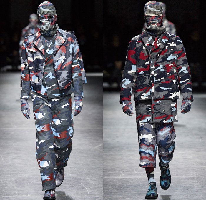 Moncler Gamme Bleu 2016-2017 Fall Autumn Winter Mens Runway Catwalk Looks Thom Browne - Milano Moda Uomo Collezione Milan Fashion Week Italy - Camo Camouflage Jungle Military Urban Cat Burglar Knit Mask Cardigan Wool Fleece Jumpsuit Coveralls Outerwear Trench Coat Furry Quilted Cloak Cape Hanging Sleeve Embroidery Bedazzled Studs Gloves Boots Suit Blazer Jacket Layers Patchwork Pinstripe Vest Herringbone Houndstooth 