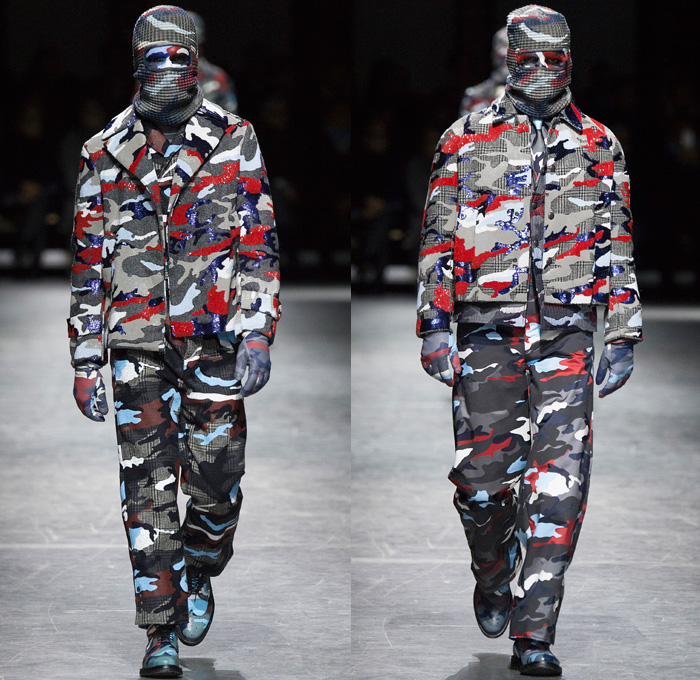 Moncler Gamme Bleu 2016-2017 Fall Autumn Winter Mens Runway Catwalk Looks Thom Browne - Milano Moda Uomo Collezione Milan Fashion Week Italy - Camo Camouflage Jungle Military Urban Cat Burglar Knit Mask Cardigan Wool Fleece Jumpsuit Coveralls Outerwear Trench Coat Furry Quilted Cloak Cape Hanging Sleeve Embroidery Bedazzled Studs Gloves Boots Suit Blazer Jacket Layers Patchwork Pinstripe Vest Herringbone Houndstooth 