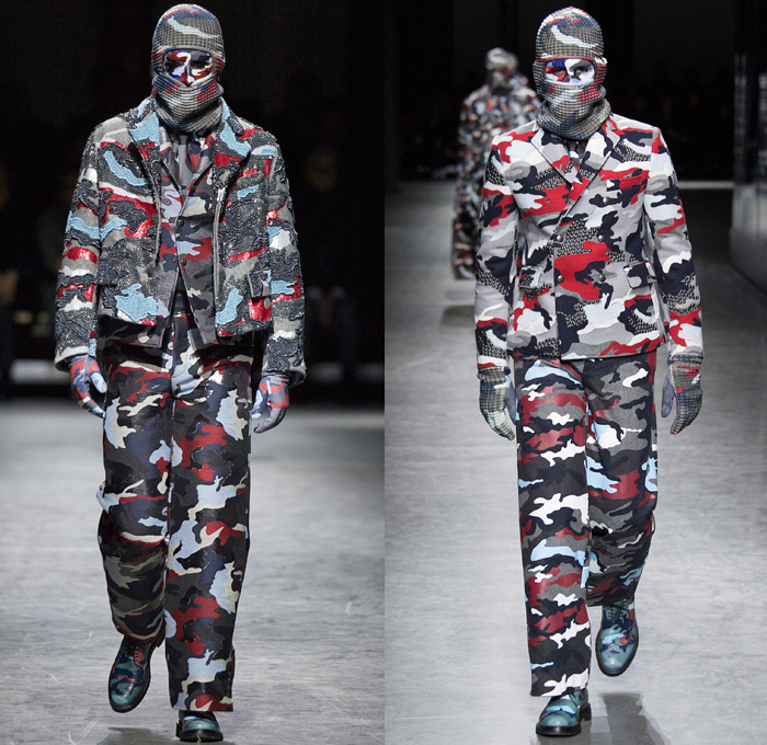 Moncler Gamme Bleu 2016-2017 Fall Autumn Winter Mens Runway Catwalk Looks Thom Browne - Milano Moda Uomo Collezione Milan Fashion Week Italy - Camo Camouflage Jungle Military Urban Cat Burglar Knit Mask Cardigan Wool Fleece Jumpsuit Coveralls Outerwear Trench Coat Furry Quilted Cloak Cape Hanging Sleeve Embroidery Bedazzled Studs Gloves Boots Suit Blazer Jacket Layers Patchwork Pinstripe Vest Herringbone Houndstooth 