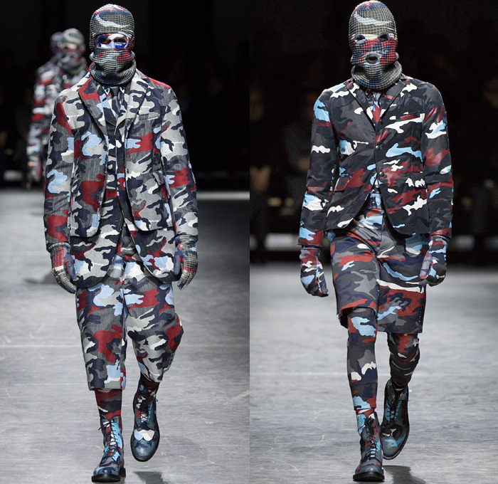 Moncler Gamme Bleu 2016-2017 Fall Autumn Winter Mens Runway Catwalk Looks Thom Browne - Milano Moda Uomo Collezione Milan Fashion Week Italy - Camo Camouflage Jungle Military Urban Cat Burglar Knit Mask Cardigan Wool Fleece Jumpsuit Coveralls Outerwear Trench Coat Furry Quilted Cloak Cape Hanging Sleeve Embroidery Bedazzled Studs Gloves Boots Suit Blazer Jacket Layers Patchwork Pinstripe Vest Herringbone Houndstooth 