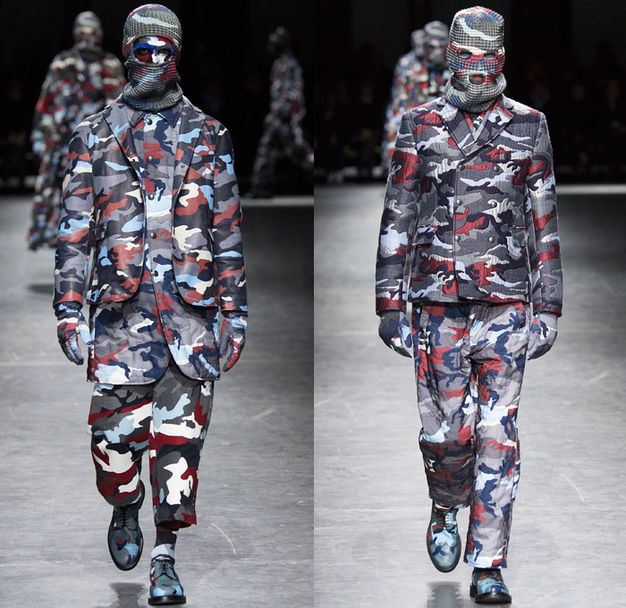 Moncler Gamme Bleu 2016-2017 Fall Autumn Winter Mens Runway Catwalk Looks Thom Browne - Milano Moda Uomo Collezione Milan Fashion Week Italy - Camo Camouflage Jungle Military Urban Cat Burglar Knit Mask Cardigan Wool Fleece Jumpsuit Coveralls Outerwear Trench Coat Furry Quilted Cloak Cape Hanging Sleeve Embroidery Bedazzled Studs Gloves Boots Suit Blazer Jacket Layers Patchwork Pinstripe Vest Herringbone Houndstooth 