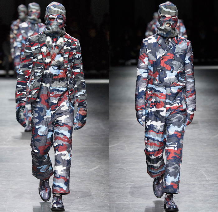 Moncler Gamme Bleu 2016-2017 Fall Autumn Winter Mens Runway Catwalk Looks Thom Browne - Milano Moda Uomo Collezione Milan Fashion Week Italy - Camo Camouflage Jungle Military Urban Cat Burglar Knit Mask Cardigan Wool Fleece Jumpsuit Coveralls Outerwear Trench Coat Furry Quilted Cloak Cape Hanging Sleeve Embroidery Bedazzled Studs Gloves Boots Suit Blazer Jacket Layers Patchwork Pinstripe Vest Herringbone Houndstooth 