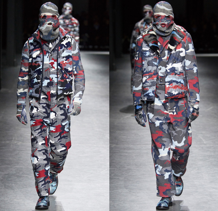 Moncler Gamme Bleu 2016-2017 Fall Autumn Winter Mens Runway Catwalk Looks Thom Browne - Milano Moda Uomo Collezione Milan Fashion Week Italy - Camo Camouflage Jungle Military Urban Cat Burglar Knit Mask Cardigan Wool Fleece Jumpsuit Coveralls Outerwear Trench Coat Furry Quilted Cloak Cape Hanging Sleeve Embroidery Bedazzled Studs Gloves Boots Suit Blazer Jacket Layers Patchwork Pinstripe Vest Herringbone Houndstooth 