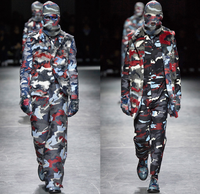 Moncler Gamme Bleu 2016-2017 Fall Autumn Winter Mens Runway Catwalk Looks Thom Browne - Milano Moda Uomo Collezione Milan Fashion Week Italy - Camo Camouflage Jungle Military Urban Cat Burglar Knit Mask Cardigan Wool Fleece Jumpsuit Coveralls Outerwear Trench Coat Furry Quilted Cloak Cape Hanging Sleeve Embroidery Bedazzled Studs Gloves Boots Suit Blazer Jacket Layers Patchwork Pinstripe Vest Herringbone Houndstooth 