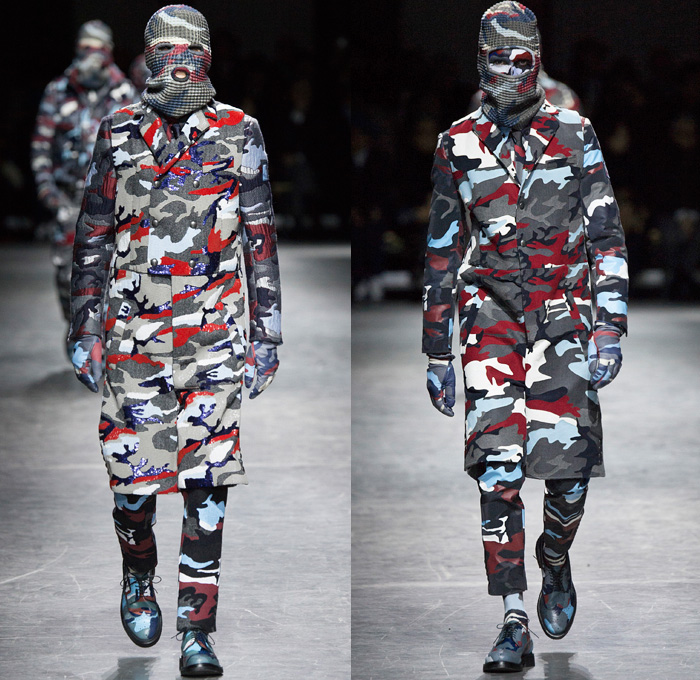 Moncler Gamme Bleu 2016-2017 Fall Autumn Winter Mens Runway Catwalk Looks Thom Browne - Milano Moda Uomo Collezione Milan Fashion Week Italy - Camo Camouflage Jungle Military Urban Cat Burglar Knit Mask Cardigan Wool Fleece Jumpsuit Coveralls Outerwear Trench Coat Furry Quilted Cloak Cape Hanging Sleeve Embroidery Bedazzled Studs Gloves Boots Suit Blazer Jacket Layers Patchwork Pinstripe Vest Herringbone Houndstooth 