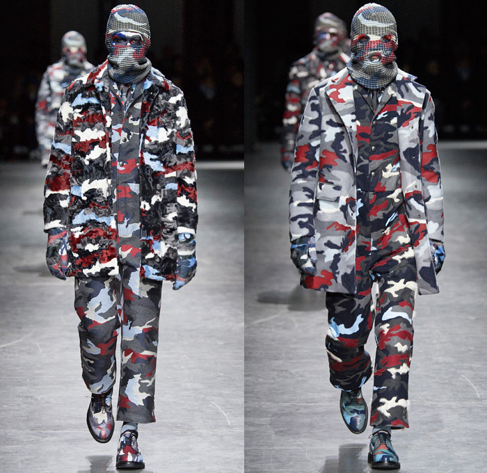 Moncler Gamme Bleu 2016-2017 Fall Autumn Winter Mens Runway Catwalk Looks Thom Browne - Milano Moda Uomo Collezione Milan Fashion Week Italy - Camo Camouflage Jungle Military Urban Cat Burglar Knit Mask Cardigan Wool Fleece Jumpsuit Coveralls Outerwear Trench Coat Furry Quilted Cloak Cape Hanging Sleeve Embroidery Bedazzled Studs Gloves Boots Suit Blazer Jacket Layers Patchwork Pinstripe Vest Herringbone Houndstooth 