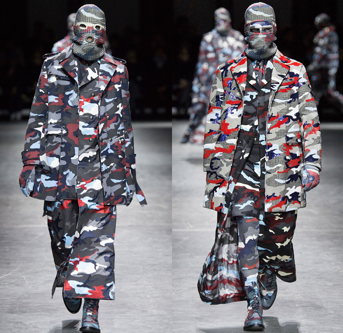 Moncler Gamme Bleu 2016-2017 Fall Autumn Winter Mens Runway Catwalk Looks Thom Browne - Milano Moda Uomo Collezione Milan Fashion Week Italy - Camo Camouflage Jungle Military Urban Cat Burglar Knit Mask Cardigan Wool Fleece Jumpsuit Coveralls Outerwear Trench Coat Furry Quilted Cloak Cape Hanging Sleeve Embroidery Bedazzled Studs Gloves Boots Suit Blazer Jacket Layers Patchwork Pinstripe Vest Herringbone Houndstooth 