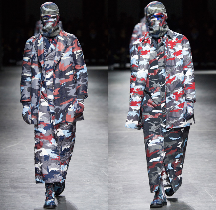 Moncler Gamme Bleu 2016-2017 Fall Autumn Winter Mens Runway Catwalk Looks Thom Browne - Milano Moda Uomo Collezione Milan Fashion Week Italy - Camo Camouflage Jungle Military Urban Cat Burglar Knit Mask Cardigan Wool Fleece Jumpsuit Coveralls Outerwear Trench Coat Furry Quilted Cloak Cape Hanging Sleeve Embroidery Bedazzled Studs Gloves Boots Suit Blazer Jacket Layers Patchwork Pinstripe Vest Herringbone Houndstooth 