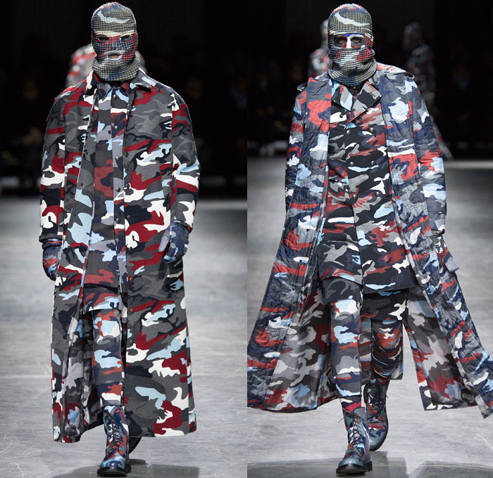 Moncler Gamme Bleu 2016-2017 Fall Autumn Winter Mens Runway Catwalk Looks Thom Browne - Milano Moda Uomo Collezione Milan Fashion Week Italy - Camo Camouflage Jungle Military Urban Cat Burglar Knit Mask Cardigan Wool Fleece Jumpsuit Coveralls Outerwear Trench Coat Furry Quilted Cloak Cape Hanging Sleeve Embroidery Bedazzled Studs Gloves Boots Suit Blazer Jacket Layers Patchwork Pinstripe Vest Herringbone Houndstooth 