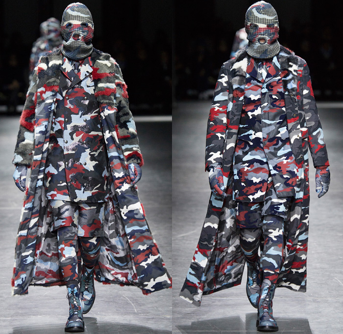 Moncler Gamme Bleu 2016-2017 Fall Autumn Winter Mens Runway Catwalk Looks Thom Browne - Milano Moda Uomo Collezione Milan Fashion Week Italy - Camo Camouflage Jungle Military Urban Cat Burglar Knit Mask Cardigan Wool Fleece Jumpsuit Coveralls Outerwear Trench Coat Furry Quilted Cloak Cape Hanging Sleeve Embroidery Bedazzled Studs Gloves Boots Suit Blazer Jacket Layers Patchwork Pinstripe Vest Herringbone Houndstooth 