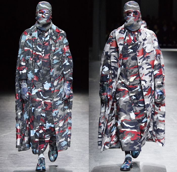 Moncler Gamme Bleu 2016-2017 Fall Autumn Winter Mens Runway Catwalk Looks Thom Browne - Milano Moda Uomo Collezione Milan Fashion Week Italy - Camo Camouflage Jungle Military Urban Cat Burglar Knit Mask Cardigan Wool Fleece Jumpsuit Coveralls Outerwear Trench Coat Furry Quilted Cloak Cape Hanging Sleeve Embroidery Bedazzled Studs Gloves Boots Suit Blazer Jacket Layers Patchwork Pinstripe Vest Herringbone Houndstooth 