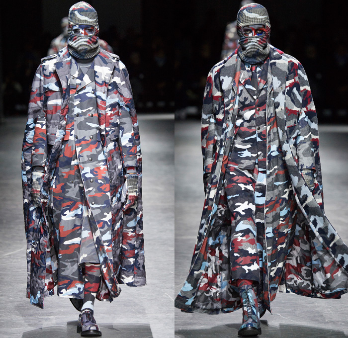 Moncler Gamme Bleu 2016-2017 Fall Autumn Winter Mens Runway Catwalk Looks Thom Browne - Milano Moda Uomo Collezione Milan Fashion Week Italy - Camo Camouflage Jungle Military Urban Cat Burglar Knit Mask Cardigan Wool Fleece Jumpsuit Coveralls Outerwear Trench Coat Furry Quilted Cloak Cape Hanging Sleeve Embroidery Bedazzled Studs Gloves Boots Suit Blazer Jacket Layers Patchwork Pinstripe Vest Herringbone Houndstooth 