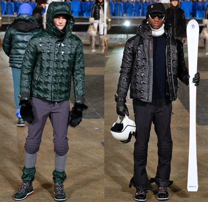 Moncler Grenoble 2016-2017 Fall Autumn Winter Mens Runway Collection Catwalk Looks - New York Fashion Week NYFW - Alpine Arctic Snow Outerwear Coat Furry Plush Quilted Waffle Puffer Down Jacket Parka Check Plaid Tartan Knee Panel Boot Covers Gloves Headwear Chunky Knit Sweater Jumper Ribbed Hat Cap Nylon Turtleneck Helmet Ski Leggings Goggles Sunglasses