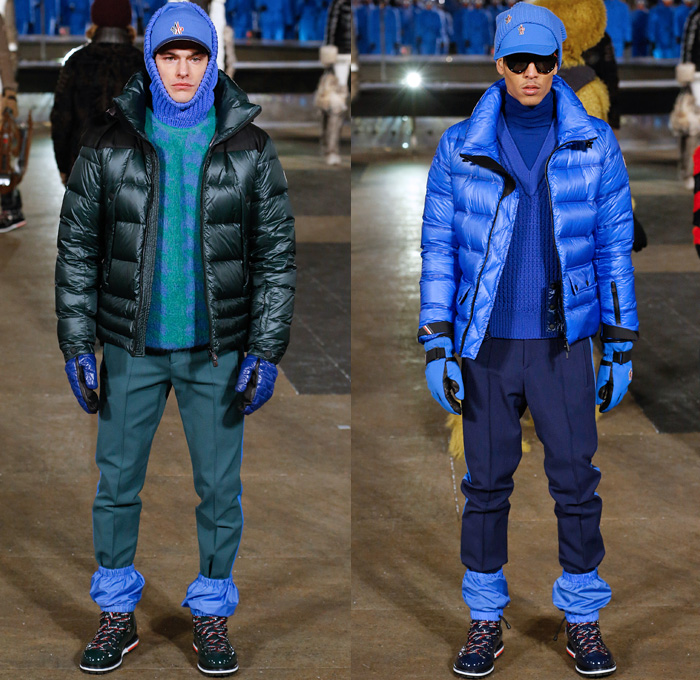 Moncler Grenoble 2016-2017 Fall Autumn Winter Mens Runway Collection Catwalk Looks - New York Fashion Week NYFW - Alpine Arctic Snow Outerwear Coat Furry Plush Quilted Waffle Puffer Down Jacket Parka Check Plaid Tartan Knee Panel Boot Covers Gloves Headwear Chunky Knit Sweater Jumper Ribbed Hat Cap Nylon Turtleneck Helmet Ski Leggings Goggles Sunglasses