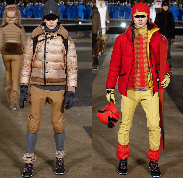 Moncler Grenoble 2016-2017 Fall Autumn Winter Mens Runway Collection Catwalk Looks - New York Fashion Week NYFW - Alpine Arctic Snow Outerwear Coat Furry Plush Quilted Waffle Puffer Down Jacket Parka Check Plaid Tartan Knee Panel Boot Covers Gloves Headwear Chunky Knit Sweater Jumper Ribbed Hat Cap Nylon Turtleneck Helmet Ski Leggings Goggles Sunglasses