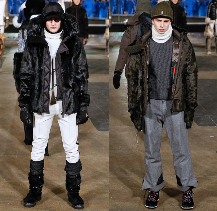 Moncler Grenoble 2016-2017 Fall Autumn Winter Mens Runway Collection Catwalk Looks - New York Fashion Week NYFW - Alpine Arctic Snow Outerwear Coat Furry Plush Quilted Waffle Puffer Down Jacket Parka Check Plaid Tartan Knee Panel Boot Covers Gloves Headwear Chunky Knit Sweater Jumper Ribbed Hat Cap Nylon Turtleneck Helmet Ski Leggings Goggles Sunglasses