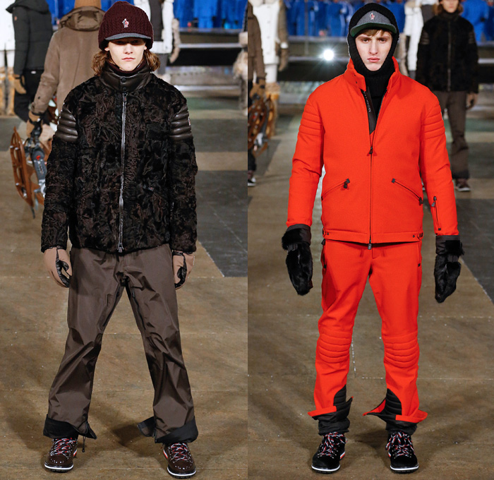 Moncler Grenoble 2016-2017 Fall Autumn Winter Mens Runway Collection Catwalk Looks - New York Fashion Week NYFW - Alpine Arctic Snow Outerwear Coat Furry Plush Quilted Waffle Puffer Down Jacket Parka Check Plaid Tartan Knee Panel Boot Covers Gloves Headwear Chunky Knit Sweater Jumper Ribbed Hat Cap Nylon Turtleneck Helmet Ski Leggings Goggles Sunglasses