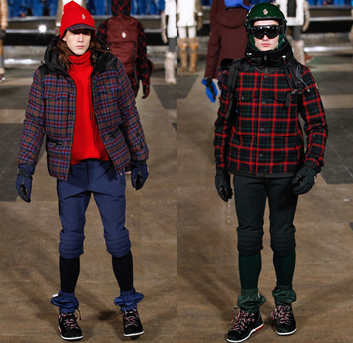 Moncler Grenoble 2016-2017 Fall Autumn Winter Mens Runway Collection Catwalk Looks - New York Fashion Week NYFW - Alpine Arctic Snow Outerwear Coat Furry Plush Quilted Waffle Puffer Down Jacket Parka Check Plaid Tartan Knee Panel Boot Covers Gloves Headwear Chunky Knit Sweater Jumper Ribbed Hat Cap Nylon Turtleneck Helmet Ski Leggings Goggles Sunglasses