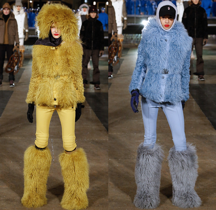 Moncler Grenoble 2016-2017 Fall Autumn Winter Womens Runway Collection Catwalk Looks - New York Fashion Week NYFW - Alpine Arctic Snow Outerwear Coat Furry Shaggy Plush Quilted Waffle Puffer Down Jacket Parka Houndstooth Check Plaid Tartan Check Knee Panels Jacket Gloves Headwear Chunky Knit Sweater Jumper Metallic Arm Warmers Leg Warmers Fur Cap Leggings Shoe Covers Boots Miniskirt Cap Hoodie Helmet