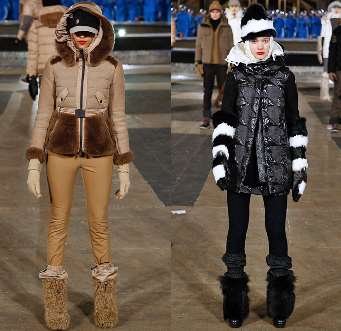 Moncler Grenoble 2016-2017 Fall Autumn Winter Womens Runway Collection Catwalk Looks - New York Fashion Week NYFW - Alpine Arctic Snow Outerwear Coat Furry Shaggy Plush Quilted Waffle Puffer Down Jacket Parka Houndstooth Check Plaid Tartan Check Knee Panels Jacket Gloves Headwear Chunky Knit Sweater Jumper Metallic Arm Warmers Leg Warmers Fur Cap Leggings Shoe Covers Boots Miniskirt Cap Hoodie Helmet
