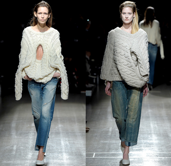 Motohiro Tanji 2016-2017 Fall Autumn Winter Womens Runway Catwalk Looks - Mercedes-Benz Fashion Week Tokyo Japan - Denim Jeans Fringes Deconstructed Extra Sleeves Holes Crochet Basketweave Chunky Knit Sweater Jumper Cardigan Coat Asymmetrical Hem Wide Leg Trousers Mesh Lace Sweaterdress