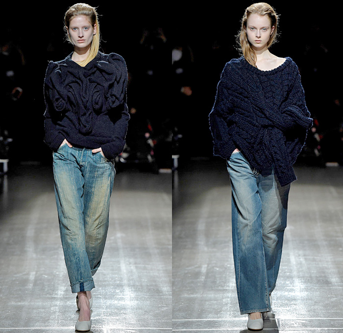 Motohiro Tanji 2016-2017 Fall Autumn Winter Womens Runway Catwalk Looks - Mercedes-Benz Fashion Week Tokyo Japan - Denim Jeans Fringes Deconstructed Extra Sleeves Holes Crochet Basketweave Chunky Knit Sweater Jumper Cardigan Coat Asymmetrical Hem Wide Leg Trousers Mesh Lace Sweaterdress