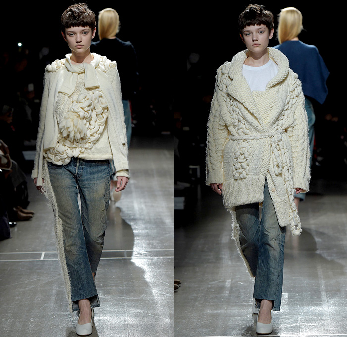 Motohiro Tanji 2016-2017 Fall Autumn Winter Womens Runway Catwalk Looks - Mercedes-Benz Fashion Week Tokyo Japan - Denim Jeans Fringes Deconstructed Extra Sleeves Holes Crochet Basketweave Chunky Knit Sweater Jumper Cardigan Coat Asymmetrical Hem Wide Leg Trousers Mesh Lace Sweaterdress