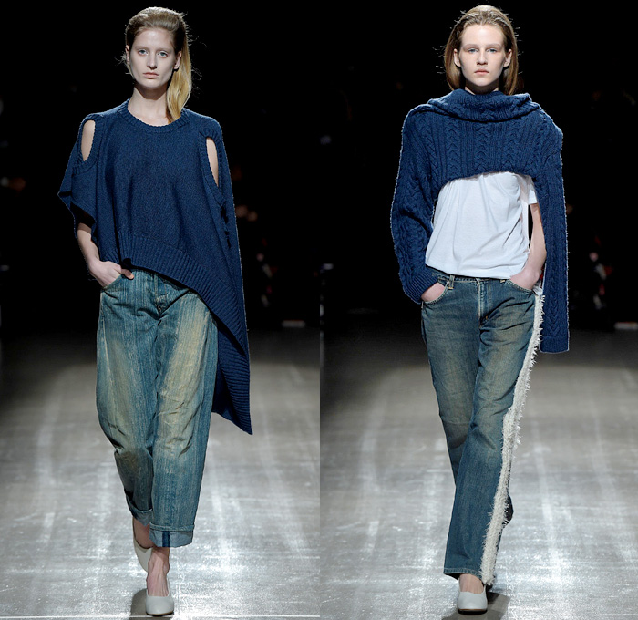 Motohiro Tanji 2016-2017 Fall Autumn Winter Womens Runway Catwalk Looks - Mercedes-Benz Fashion Week Tokyo Japan - Denim Jeans Fringes Deconstructed Extra Sleeves Holes Crochet Basketweave Chunky Knit Sweater Jumper Cardigan Coat Asymmetrical Hem Wide Leg Trousers Mesh Lace Sweaterdress