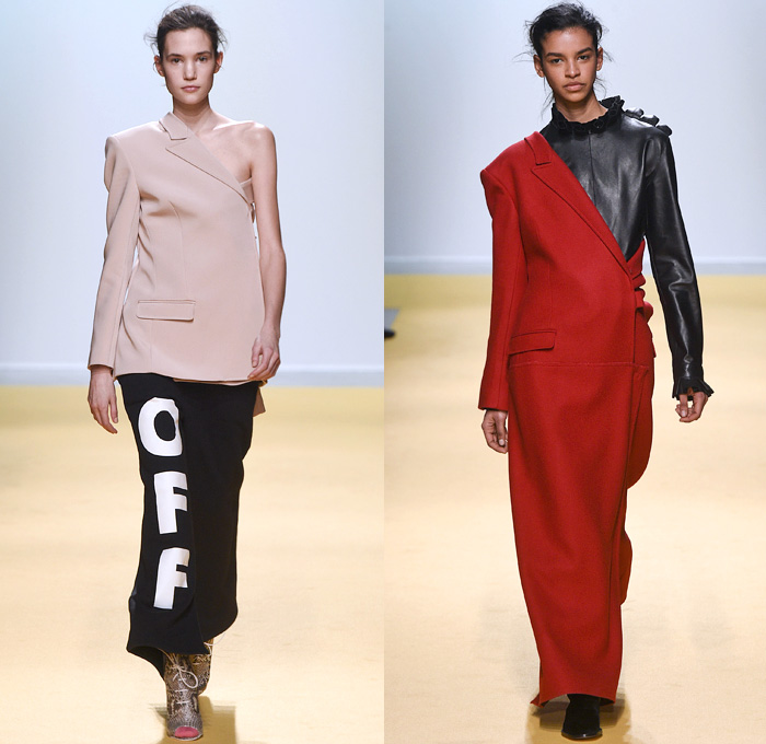 Off-White by Virgil Abloh 2016-2017 Fall Autumn Winter Womens Runway Catwalk Collection Looks - Paris Fashion Week France - You're Obviously In The Wrong Place Denim Jeans Swallows Palm Trees Bedazzled Metallic Accordion Pleats Art Giorgio De Chirico Skirt Frock Dress Strapless Patchwork Rags Knit Sweater Half Panel Coat Ruffles Bomber Jacket Wide Leg Palazzo Pants Fanny Pack Shearling Cargo Parka Blazer One Shoulder Satin Suede