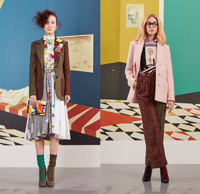 Olympia Le-Tan 2016-2017 Fall Autumn Winter Womens Lookbook Presentation - Paris Fashion Week Mode à Paris France - Framed Art Paint Tubes Librarian School Library Nerd Geek Chic Mismatched Socks Half Panel Cropped Pants Corduroy Embroidery Embellishments Adorned Bedazzled Sequins Knit Sweater Jumper Plaid Tartan Check Pantsuit Skirt Frock Jacket Colorblock Shirtdress Skull Tweed Beret Jumpsuit Cardigan Handbag