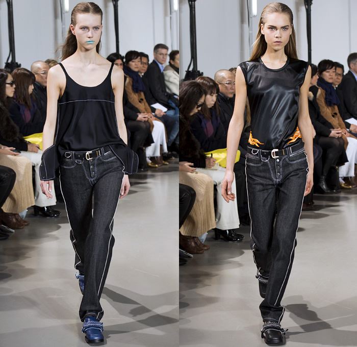 Paco Rabanne 2016-2017 Fall Autumn Winter Womens Runway Catwalk Collection Looks - Paris Fashion Week Mode à Paris France - Denim Jeans Contrast Stitching Blouse Loafers Asian Cherry Blossoms Dragon Tiger Flames Flowers Floral Print Embroidery Crop Top Midriff Bandeau Straps Belt D-Ring Outerwear Coat Leather Boots Velcro Neoprene Skirt Frock Nylon Knit Sweater Jumper Turtleneck Shearling Drapery Dress Sheer Chiffon Vestdress