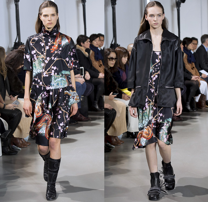Paco Rabanne 2016-2017 Fall Autumn Winter Womens Runway Catwalk Collection Looks - Paris Fashion Week Mode à Paris France - Denim Jeans Contrast Stitching Blouse Loafers Asian Cherry Blossoms Dragon Tiger Flames Flowers Floral Print Embroidery Crop Top Midriff Bandeau Straps Belt D-Ring Outerwear Coat Leather Boots Velcro Neoprene Skirt Frock Nylon Knit Sweater Jumper Turtleneck Shearling Drapery Dress Sheer Chiffon Vestdress