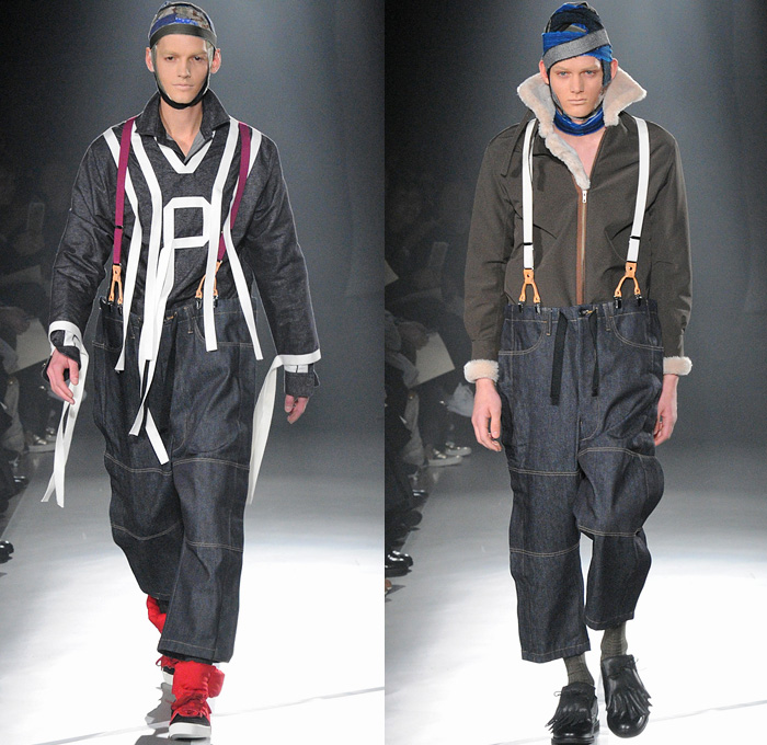 Plastictokyo 2016-2017 Fall Autumn Winter Mens Runway Catwalk Looks - Mercedes-Benz Fashion Week Tokyo Japan - Dry Selvedge Denim Jeans Frayed Streetwear Grunge Clown Pants Suspenders Oversized Flannel Plaid Headwear Straps Wide Leg Trainers Shearling Plaid Tartan Cargo Pockets Funnelneck Plush Mittens Shorts Fanny Pack Snap Buttons Tearaway Fringes Outerwear Coat Velvet