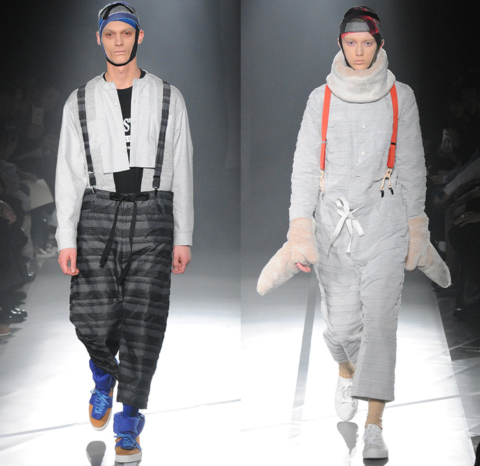 Plastictokyo 2016-2017 Fall Autumn Winter Mens Runway Catwalk Looks - Mercedes-Benz Fashion Week Tokyo Japan - Dry Selvedge Denim Jeans Frayed Streetwear Grunge Clown Pants Suspenders Oversized Flannel Plaid Headwear Straps Wide Leg Trainers Shearling Plaid Tartan Cargo Pockets Funnelneck Plush Mittens Shorts Fanny Pack Snap Buttons Tearaway Fringes Outerwear Coat Velvet