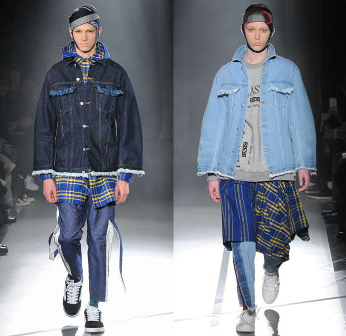 Plastictokyo 2016-2017 Fall Autumn Winter Mens Runway Catwalk Looks - Mercedes-Benz Fashion Week Tokyo Japan - Dry Selvedge Denim Jeans Frayed Streetwear Grunge Clown Pants Suspenders Oversized Flannel Plaid Headwear Straps Wide Leg Trainers Shearling Plaid Tartan Cargo Pockets Funnelneck Plush Mittens Shorts Fanny Pack Snap Buttons Tearaway Fringes Outerwear Coat Velvet