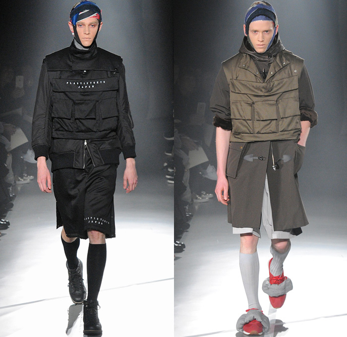 Plastictokyo 2016-2017 Fall Autumn Winter Mens Runway Catwalk Looks - Mercedes-Benz Fashion Week Tokyo Japan - Dry Selvedge Denim Jeans Frayed Streetwear Grunge Clown Pants Suspenders Oversized Flannel Plaid Headwear Straps Wide Leg Trainers Shearling Plaid Tartan Cargo Pockets Funnelneck Plush Mittens Shorts Fanny Pack Snap Buttons Tearaway Fringes Outerwear Coat Velvet