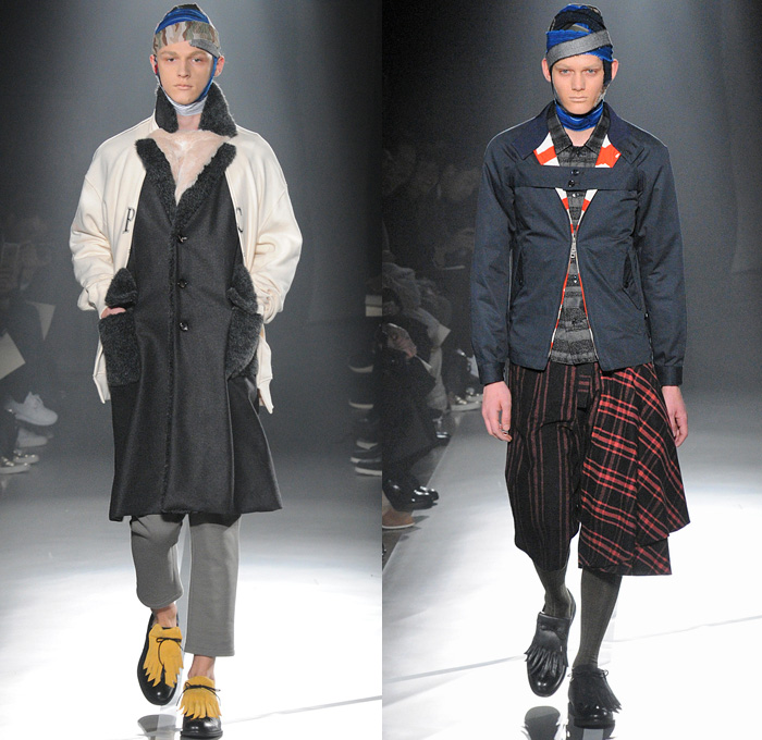 Plastictokyo 2016-2017 Fall Autumn Winter Mens Runway Catwalk Looks - Mercedes-Benz Fashion Week Tokyo Japan - Dry Selvedge Denim Jeans Frayed Streetwear Grunge Clown Pants Suspenders Oversized Flannel Plaid Headwear Straps Wide Leg Trainers Shearling Plaid Tartan Cargo Pockets Funnelneck Plush Mittens Shorts Fanny Pack Snap Buttons Tearaway Fringes Outerwear Coat Velvet