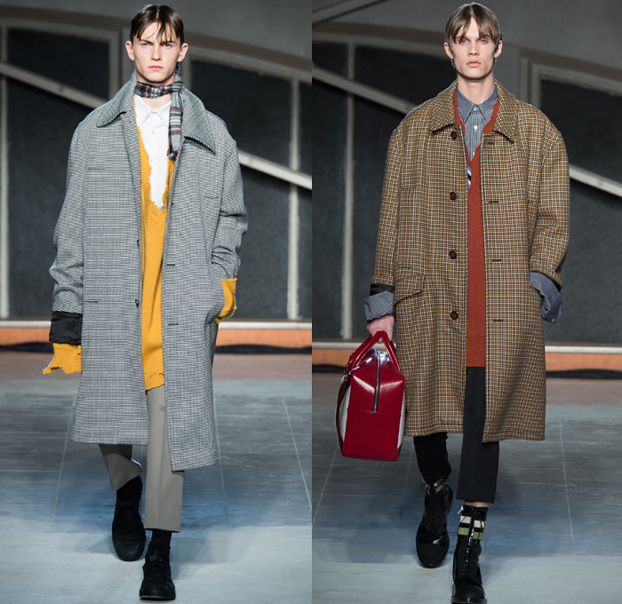 Raf Simons 2016-2017 Fall Autumn Winter Mens Runway Catwalk Looks - Mode à Paris Fashion Week Mode Masculine France - Horror Movies Preppy School Boy Collegiate Varsity Oversized Outerwear Trench Coat Parka Quilted Waffle Puffer Down Jacket Slim Pants Trousers V-neck Cardigan Knit Sweater Jumper Scarf Long Sleeve Shirt Check Windowpane Grid Lattice Elongated Sleeves Stripes Bag Duffel Boots