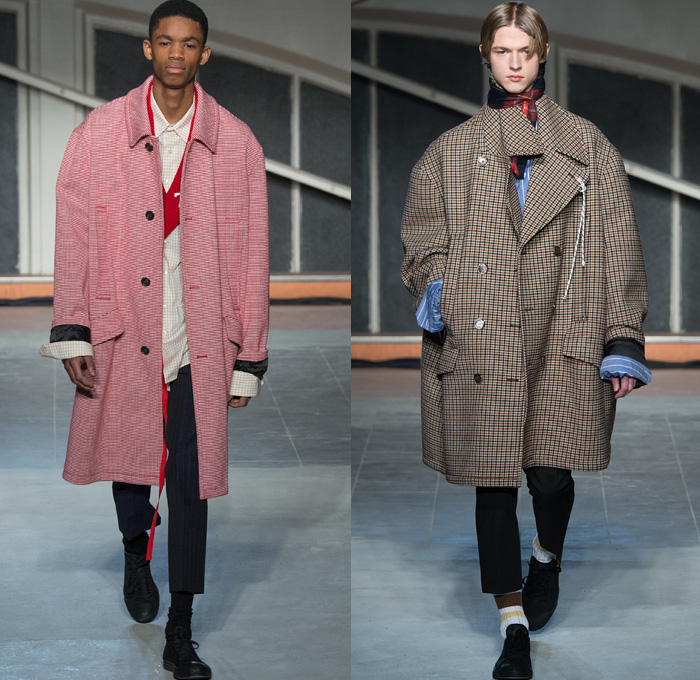 Raf Simons 2016-2017 Fall Autumn Winter Mens Runway Catwalk Looks - Mode à Paris Fashion Week Mode Masculine France - Horror Movies Preppy School Boy Collegiate Varsity Oversized Outerwear Trench Coat Parka Quilted Waffle Puffer Down Jacket Slim Pants Trousers V-neck Cardigan Knit Sweater Jumper Scarf Long Sleeve Shirt Check Windowpane Grid Lattice Elongated Sleeves Stripes Bag Duffel Boots
