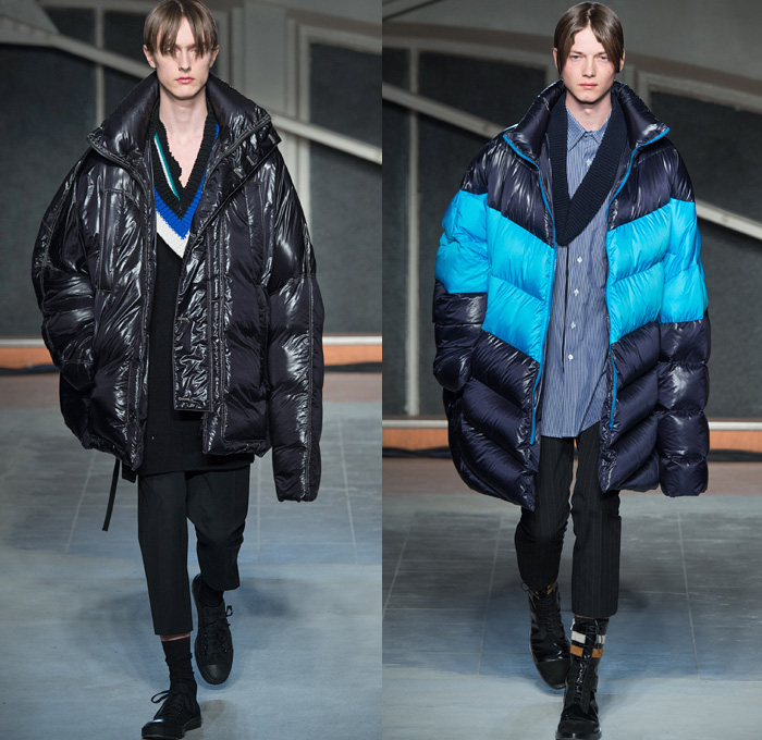 Raf Simons 2016-2017 Fall Autumn Winter Mens Runway Catwalk Looks - Mode à Paris Fashion Week Mode Masculine France - Horror Movies Preppy School Boy Collegiate Varsity Oversized Outerwear Trench Coat Parka Quilted Waffle Puffer Down Jacket Slim Pants Trousers V-neck Cardigan Knit Sweater Jumper Scarf Long Sleeve Shirt Check Windowpane Grid Lattice Elongated Sleeves Stripes Bag Duffel Boots