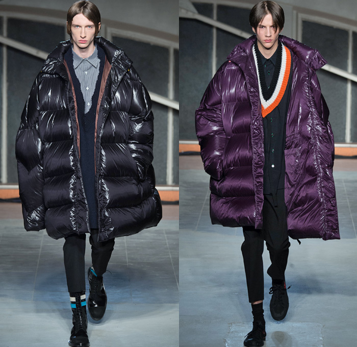 Raf Simons 2016-2017 Fall Autumn Winter Mens Runway Catwalk Looks - Mode à Paris Fashion Week Mode Masculine France - Horror Movies Preppy School Boy Collegiate Varsity Oversized Outerwear Trench Coat Parka Quilted Waffle Puffer Down Jacket Slim Pants Trousers V-neck Cardigan Knit Sweater Jumper Scarf Long Sleeve Shirt Check Windowpane Grid Lattice Elongated Sleeves Stripes Bag Duffel Boots