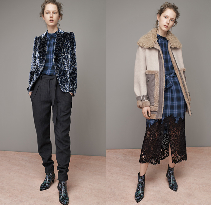Rebecca Taylor 2016-2017 Fall Autumn Winter Womens Lookbook Presentation - New York Fashion Week NYFW - Patchwork Denim Jeans Flowers Floral Print Sheer Chiffon Lace Blouse Long Sleeve Ruffles Outerwear Coat Bomber Jacket Leather Furry Velvet Suede Pointed Shoulders Turtleneck Plaid Tartan Shearling Dress Frock Midi Skirt Snake Reptile Chunky Ribbed Knit Sweater Jumper Cropped Pants Ankle Boots
