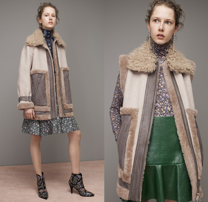 Rebecca Taylor 2016-2017 Fall Autumn Winter Womens Lookbook Presentation - New York Fashion Week NYFW - Patchwork Denim Jeans Flowers Floral Print Sheer Chiffon Lace Blouse Long Sleeve Ruffles Outerwear Coat Bomber Jacket Leather Furry Velvet Suede Pointed Shoulders Turtleneck Plaid Tartan Shearling Dress Frock Midi Skirt Snake Reptile Chunky Ribbed Knit Sweater Jumper Cropped Pants Ankle Boots